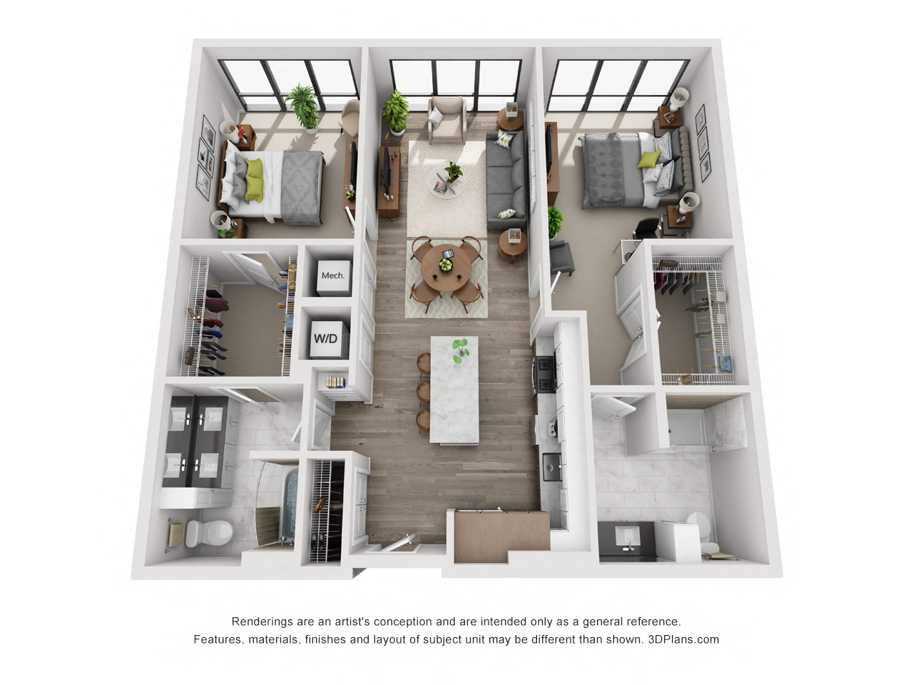 Floor plan for 2 beds, 2 baths, 1160 sqft